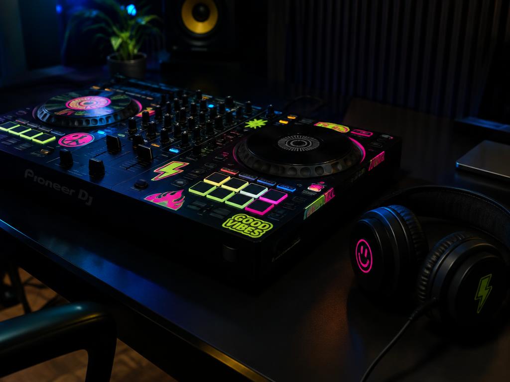 Autocolantes néon num controlador de DJ