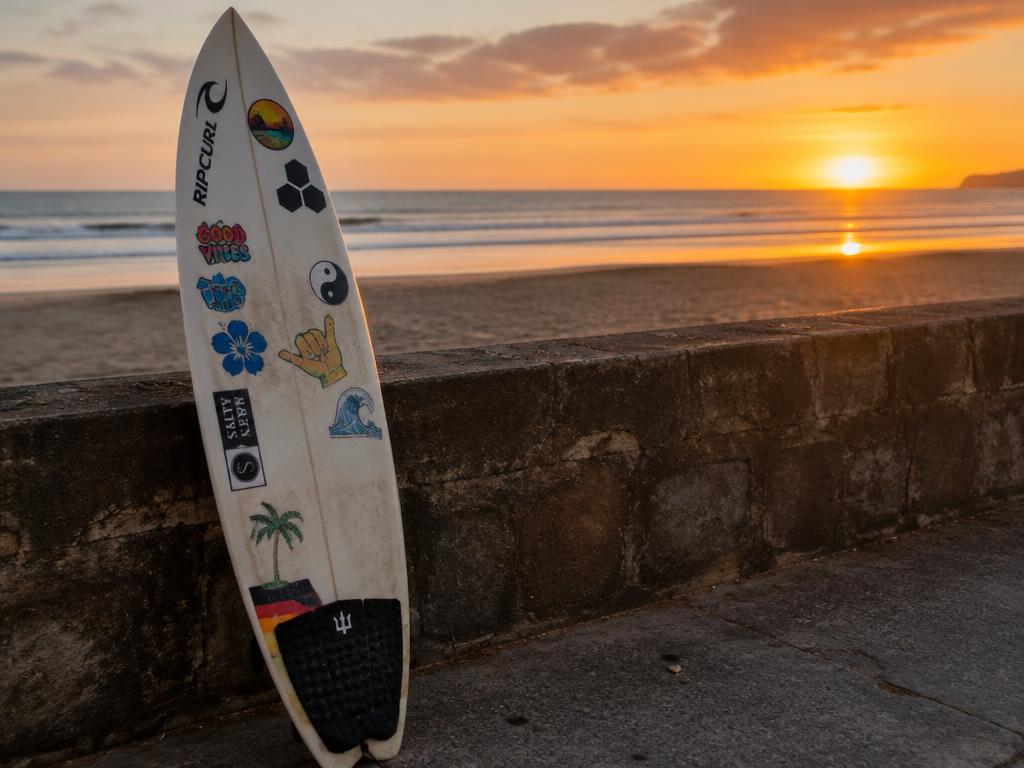Autocolantes numa prancha de surf ao pôr do sol