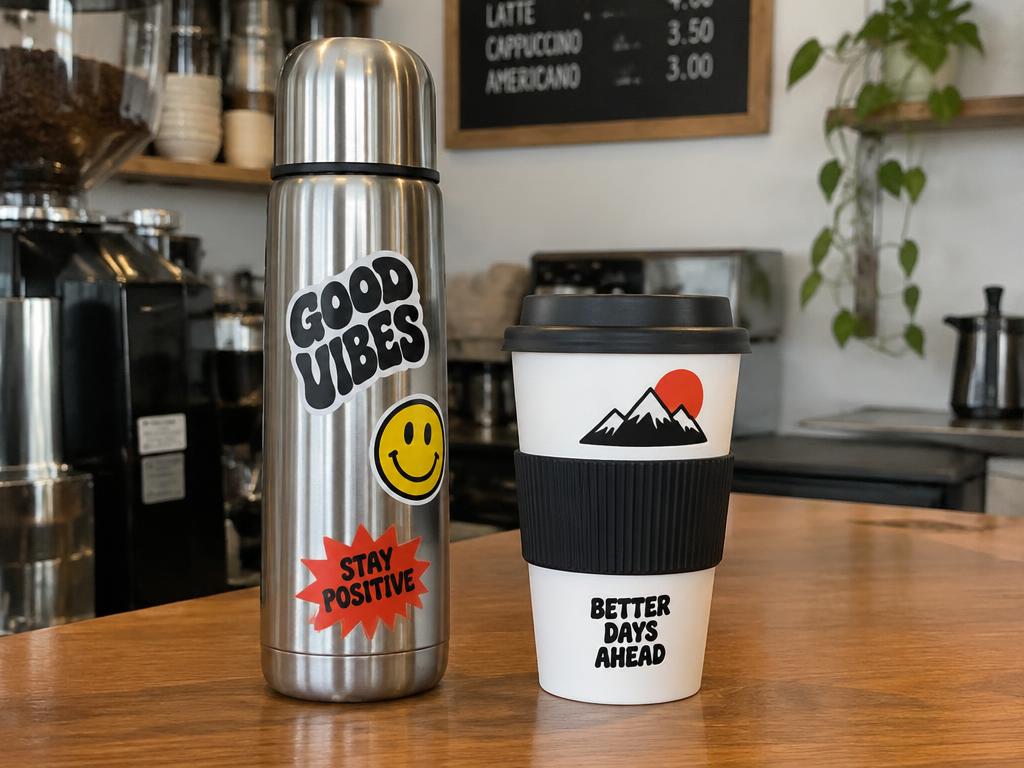 Autocolantes num termo e num copo de café
